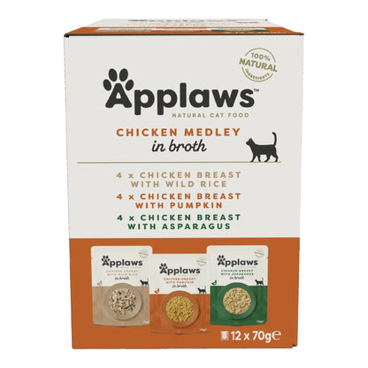 Caja del multipack Applaws sobres pollo en caldo para gatos, tres recetas