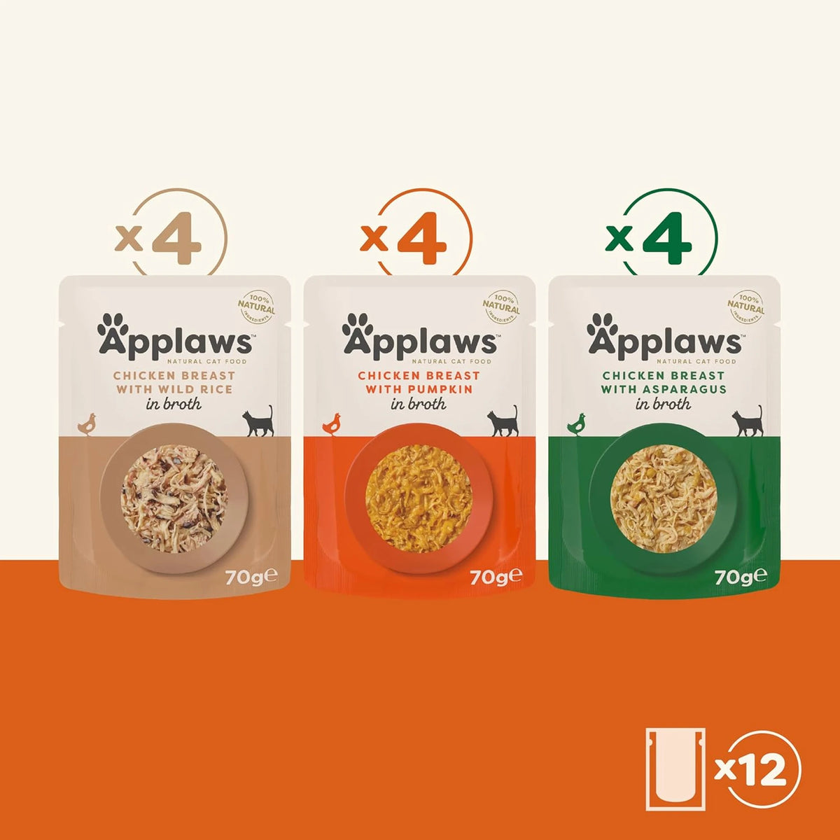 Doce sobres individuales del multipack Applaws sobres pollo en caldo