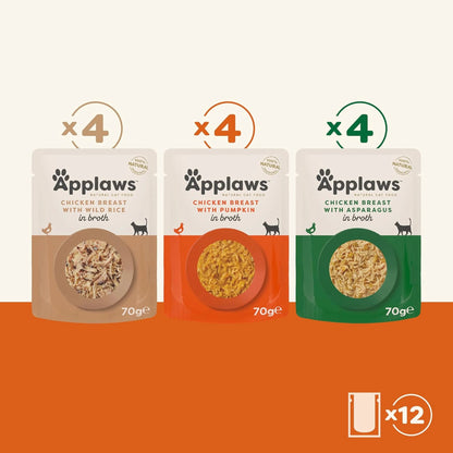Doce sobres individuales del multipack Applaws sobres pollo en caldo