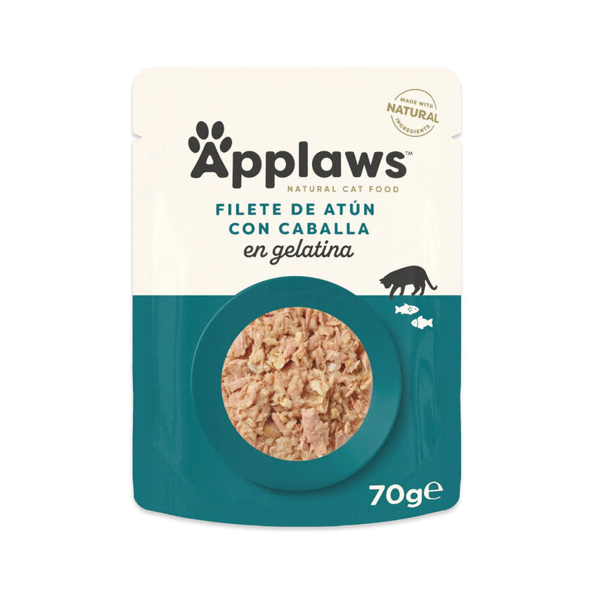 Envase individual de comida húmeda para gatos, con la receta de atún y caballa en gelatina.