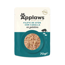 Envase individual de comida húmeda para gatos, con la receta de atún y caballa en gelatina.