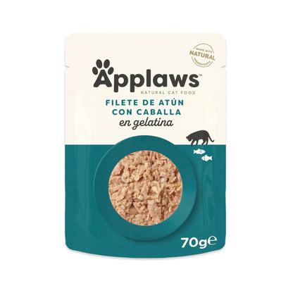 Envase individual de comida húmeda para gatos, con la receta de atún y caballa en gelatina.