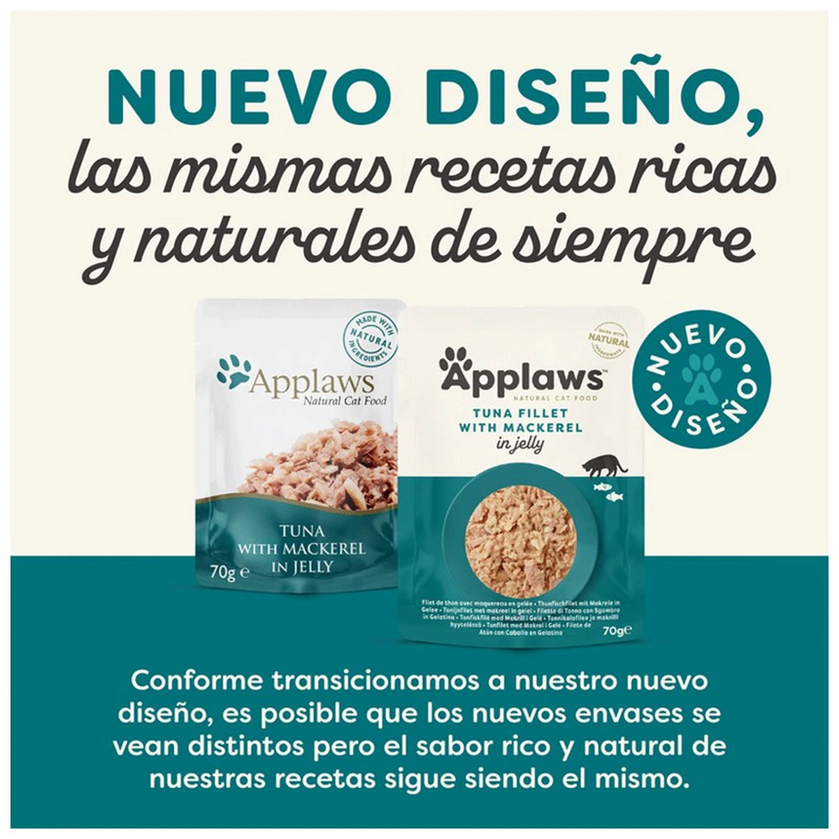 Lámina informativa de la marca sobre el nuevo diseño del envase del sobre de atún con caballa.