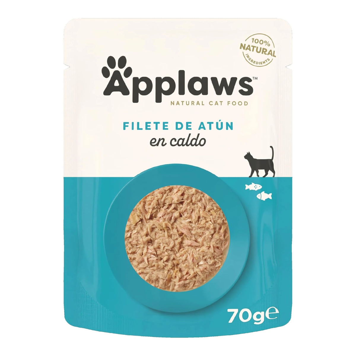Envase individual de comida húmeda para gatos, con la receta de filete de atún en caldo