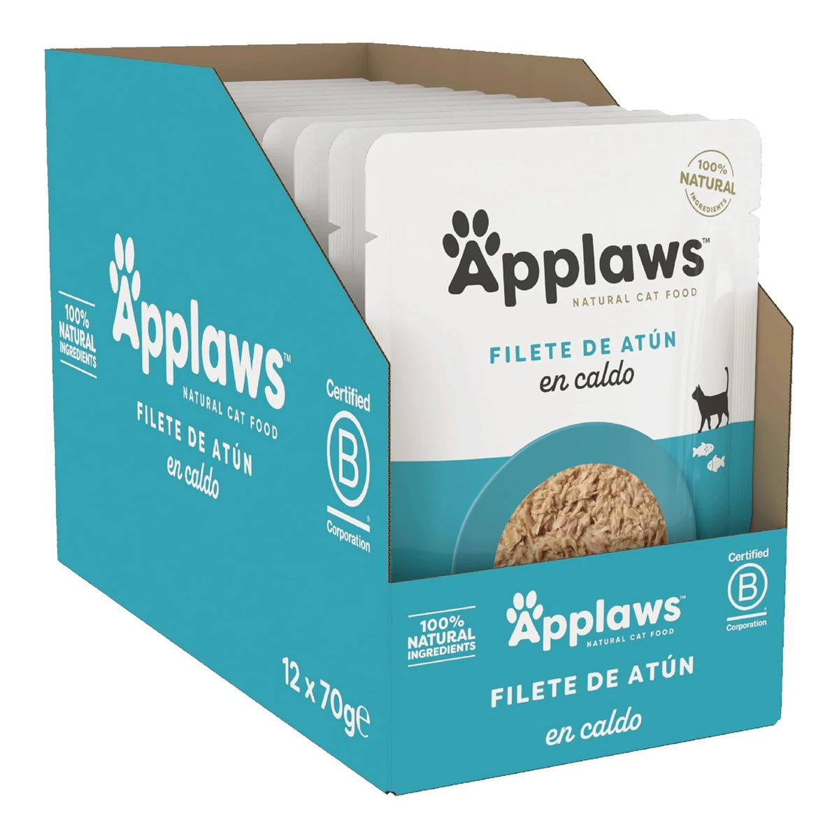 Caja de doce sobres de comida húmeda para gatos, apilados para su venta