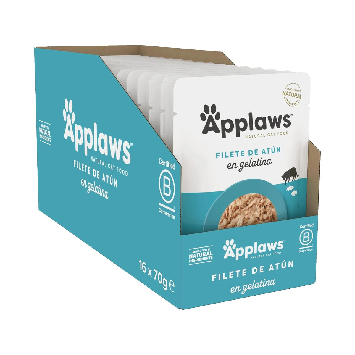 Caja con dieciséis raciones individuales de comida húmeda para gatos.