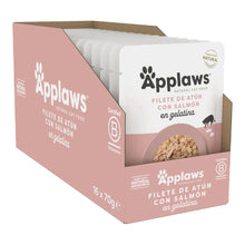 Caja de dieciséis sobres de comida húmeda para gatos, con la receta de atún y salmón.