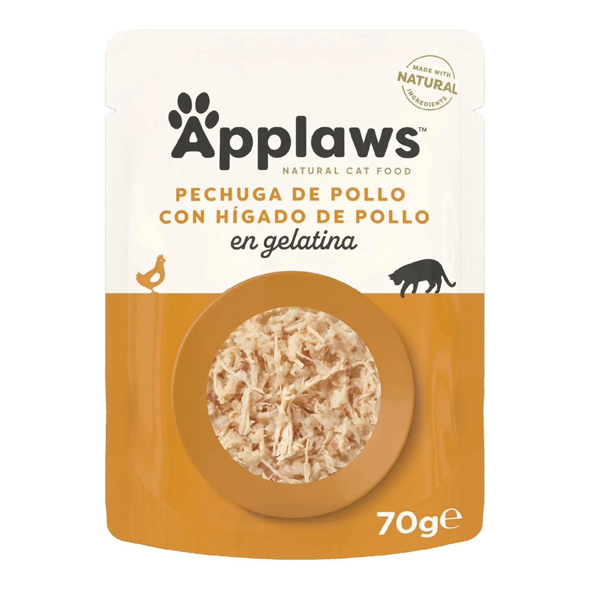 Envase individual de comida húmeda para gatos, con la receta de pollo e hígado en gelatina.
