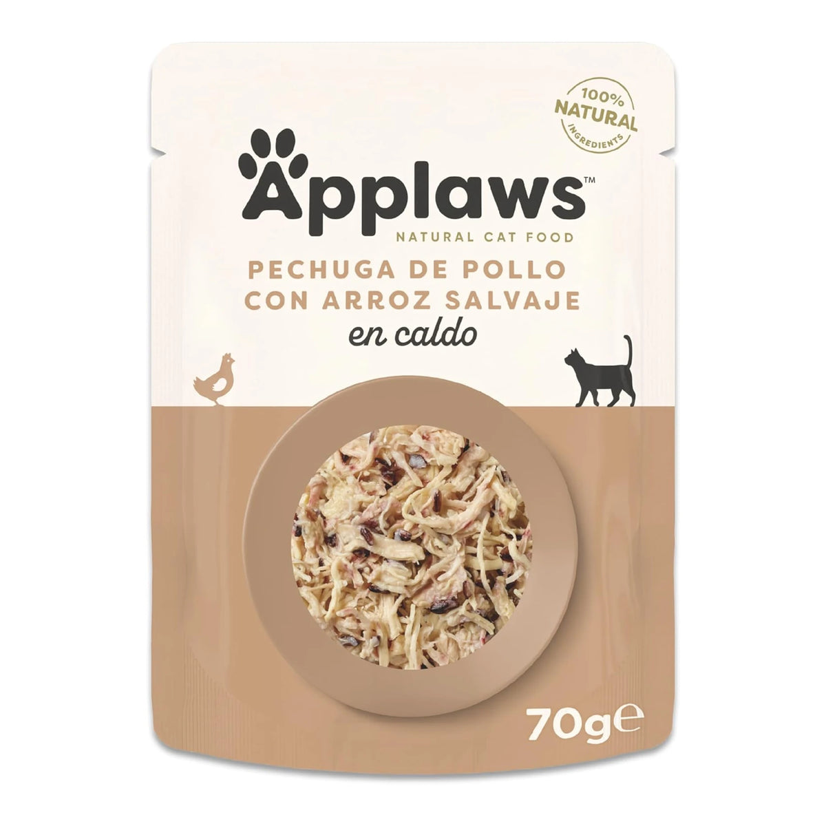Envase individual del sobre Applaws pollo arroz salvaje en caldo para gatos
