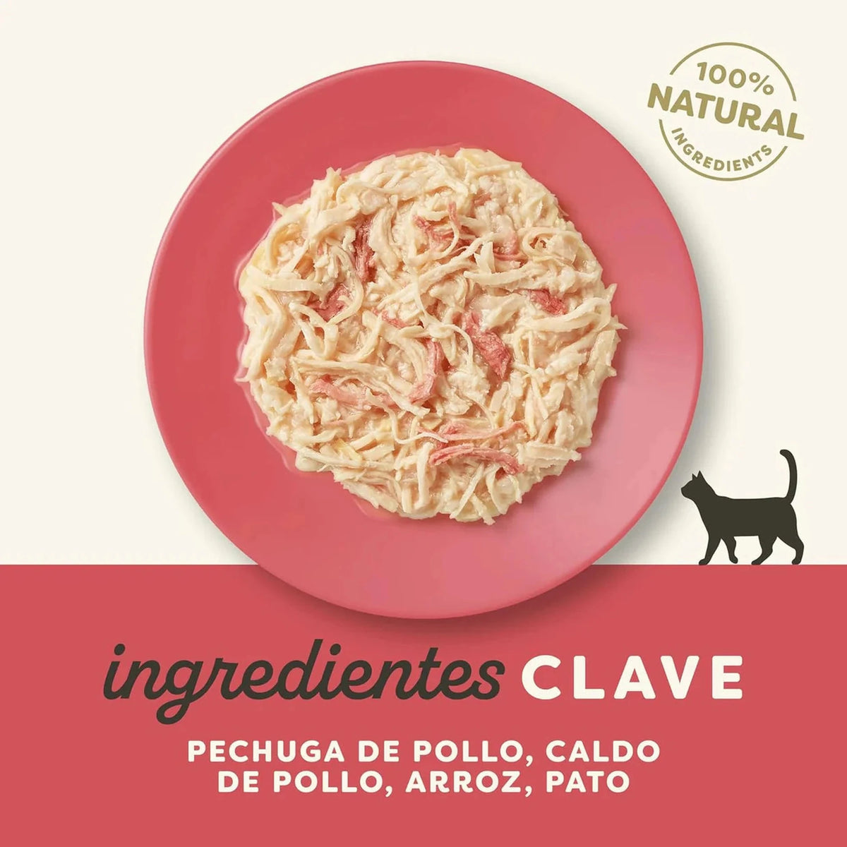 Rótulo del fabricante con los ingredientes clave: pechuga, caldo, arroz y pato
