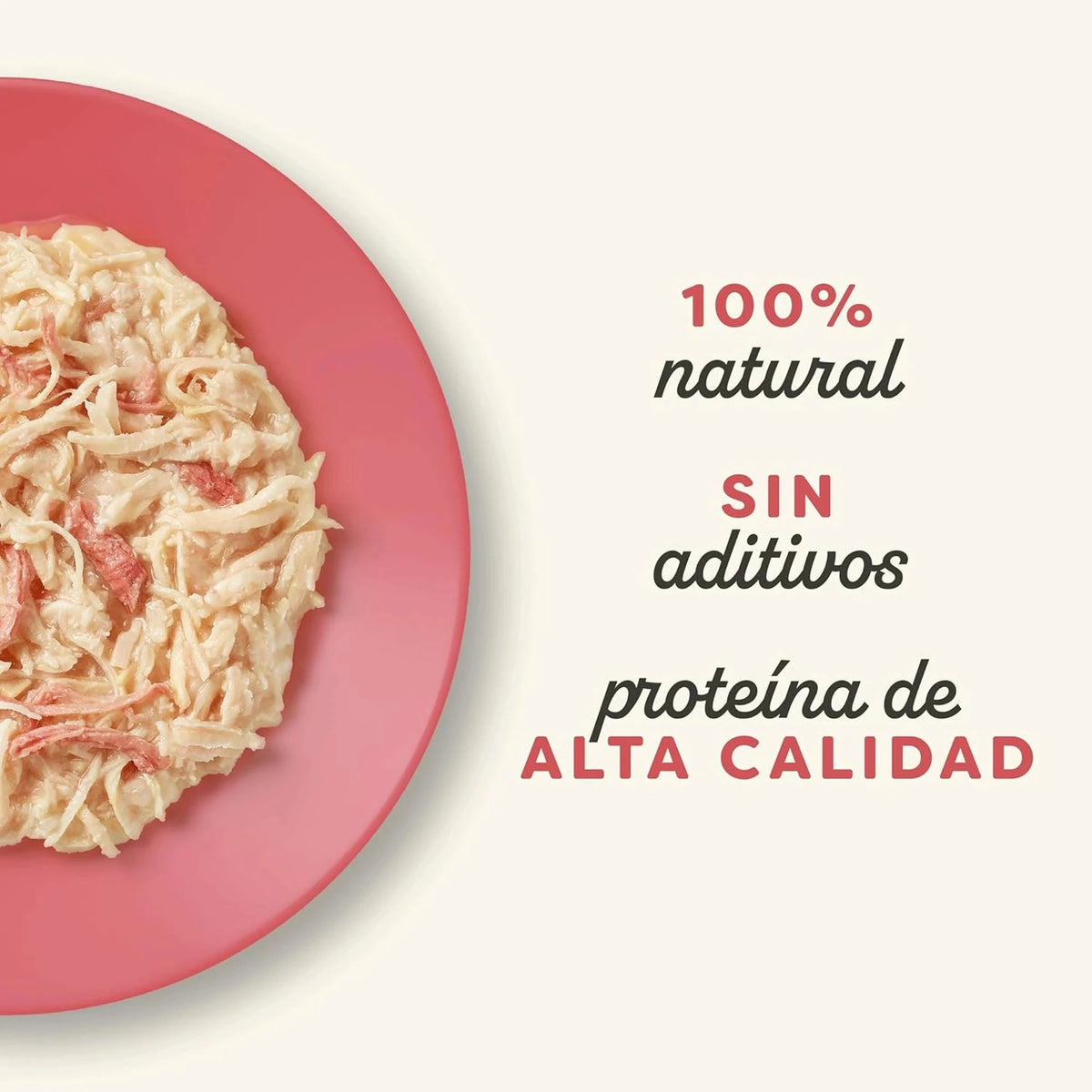 Plato rosado con la receta desmenuzada en caldo, lista para servir al gato