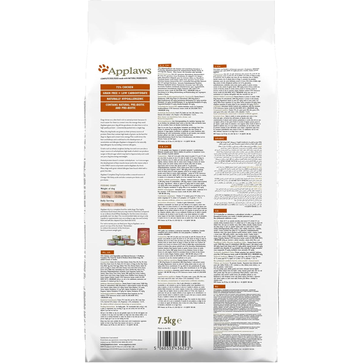 Parte trasera del envase con bloques de texto e información nutricional en inglés.