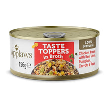 Lata Applaws Taste Toppers de pollo e hígado de ternera en caldo para perros, vista frontal.