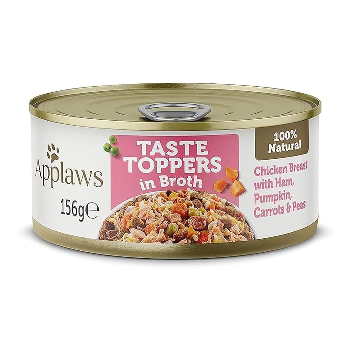 Lata Applaws Taste Toppers de pollo y jamón en caldo para perros, envase visto de frente.