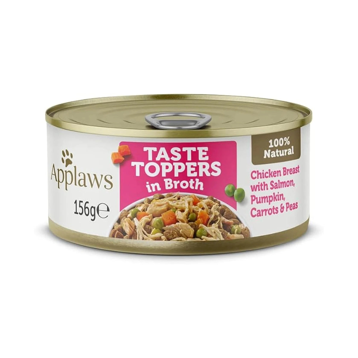 Lata Applaws Taste Toppers de pollo y salmón en caldo para perros, envase visto de frente.