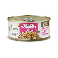 Lata Applaws Taste Toppers de pollo y salmón en caldo para perros, envase visto de frente.