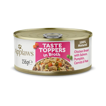 Lata Applaws Taste Toppers de pollo y salmón en caldo para perros, envase visto de frente.