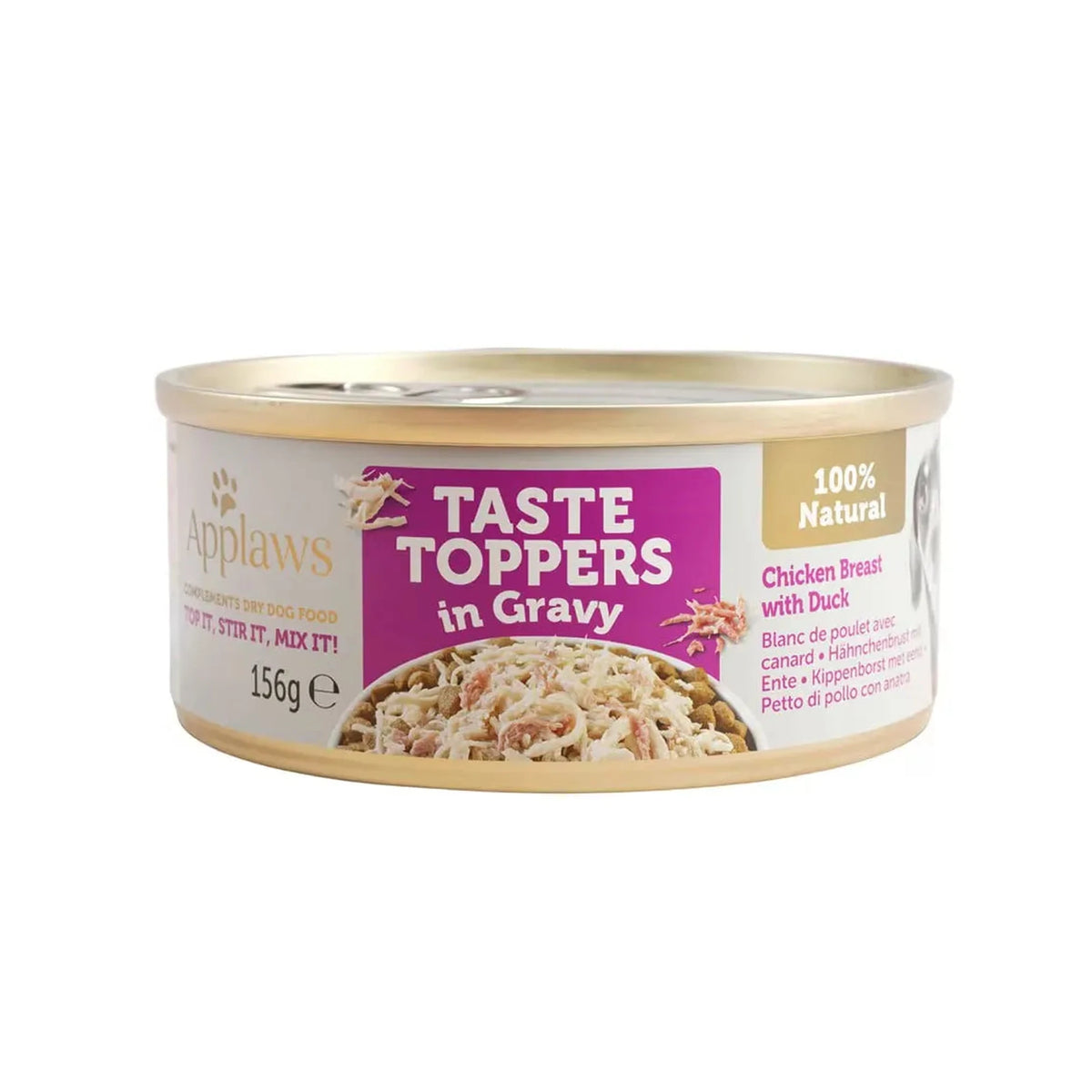 Lata Applaws Taste Toppers de pollo y pato en salsa, envase visto de frente