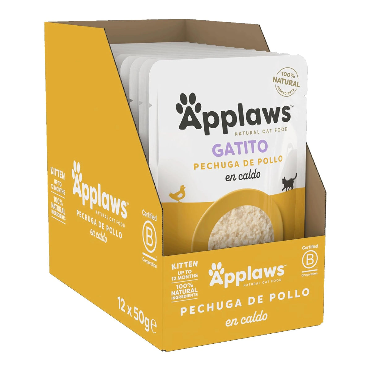 Caja de doce sobres de comida húmeda para gatitos, sabor pollo