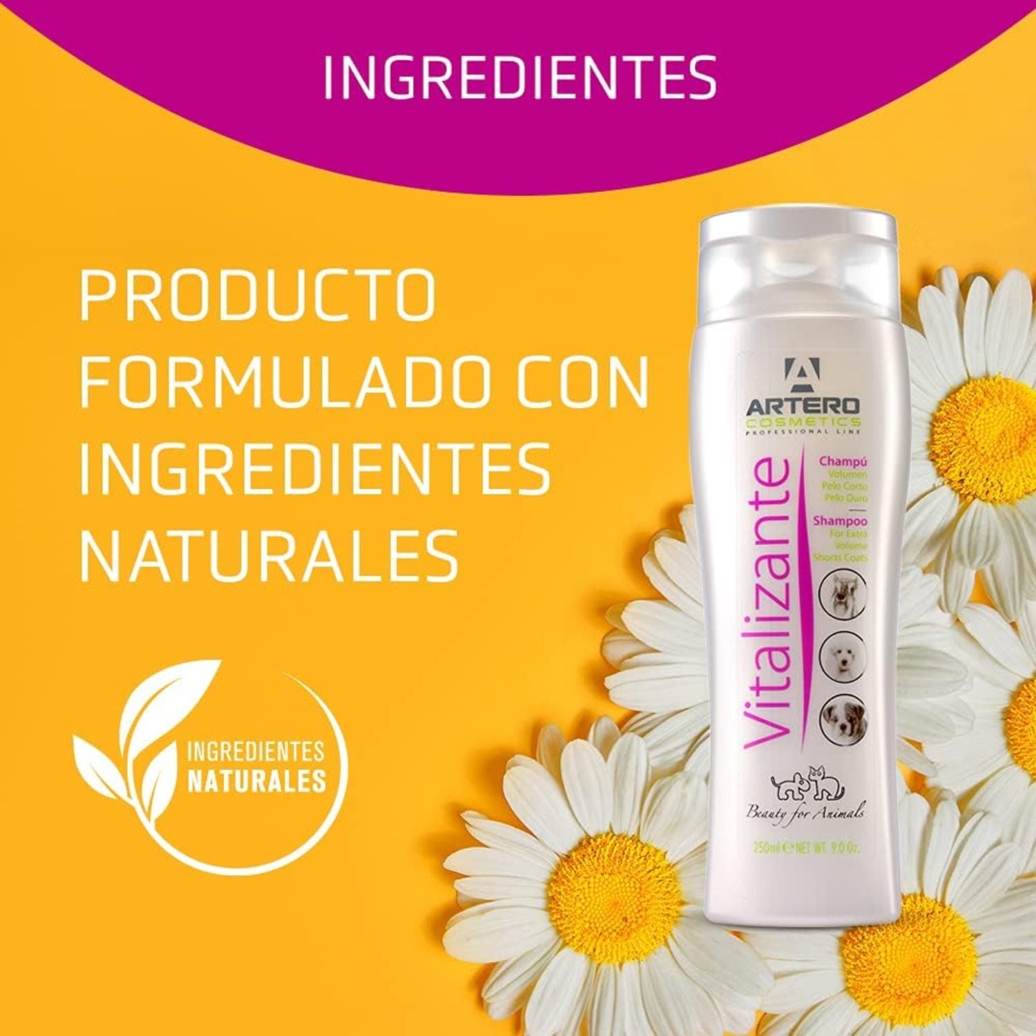 Champú Artero Vitalizante para perros con fondo amarillo y flores de manzanilla destacando que está formulado con ingredientes naturales

