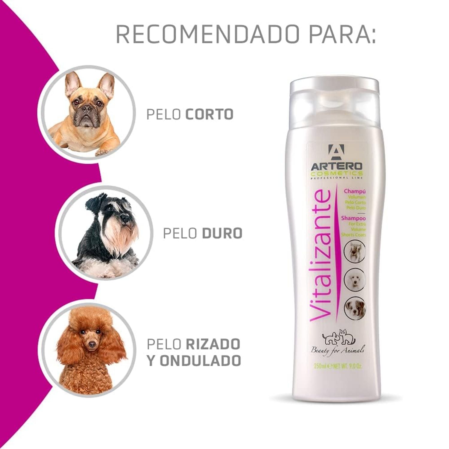 Champú Artero Vitalizante para perros con pelo corto, duro, rizado u ondulado junto a fotos de razas recomendadas
