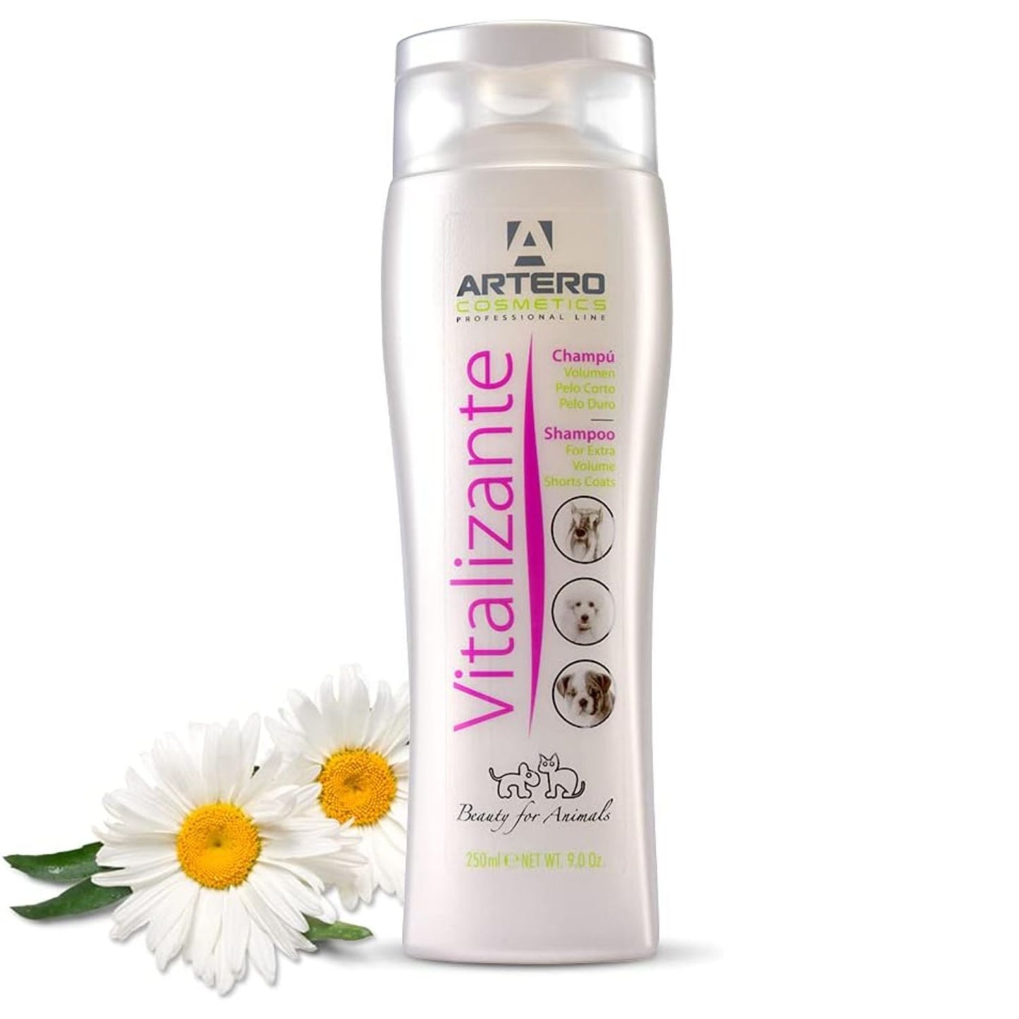 Bote de champú Artero Vitalizante para perros de pelo corto y duro con flores blancas decorativas en la base
