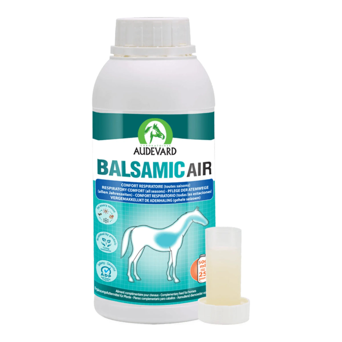 Bote de Balsamic Air Audevard para caballos con su vaso medidor dosificador transparente