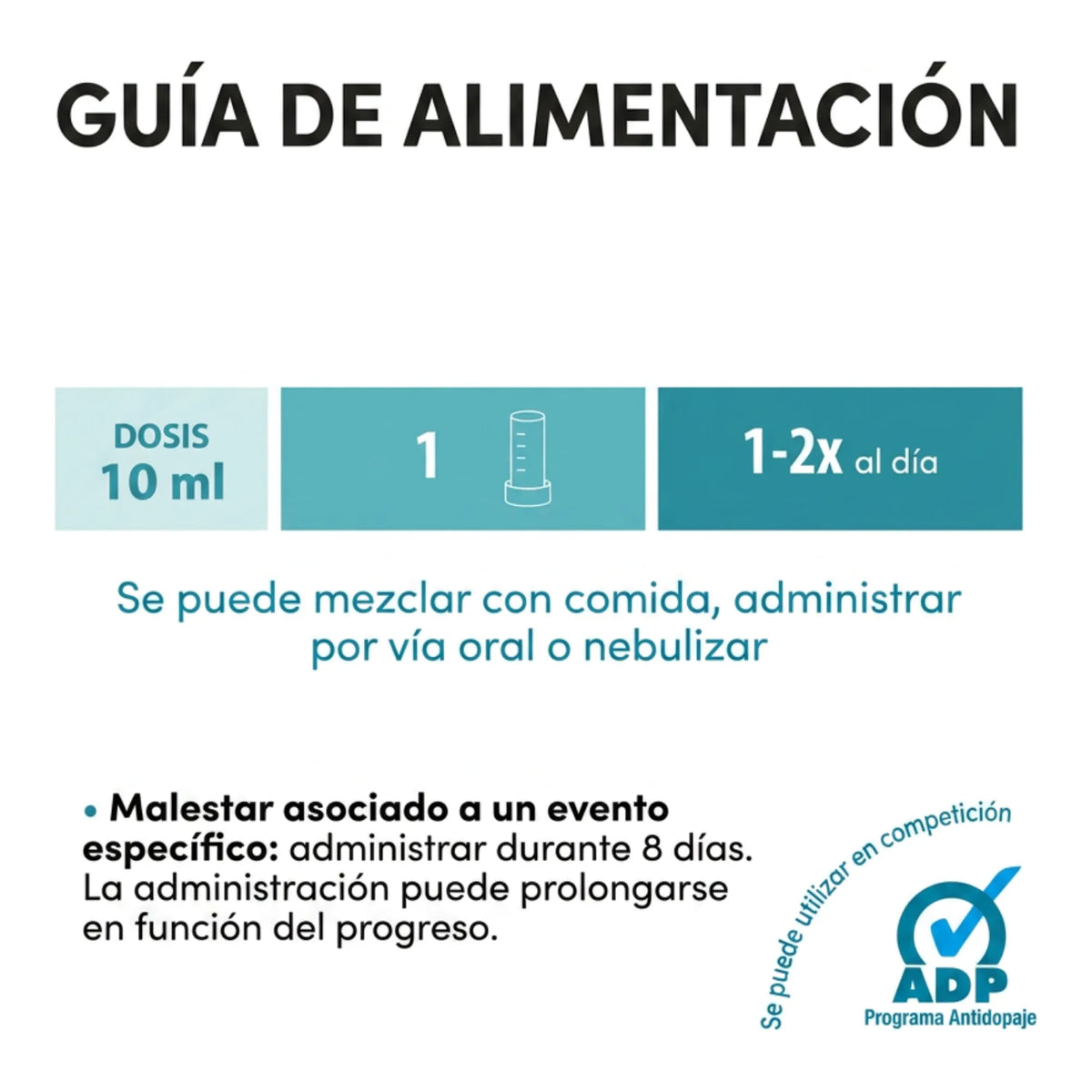 Guía de alimentación con dosis de 10 ml una o dos veces al día