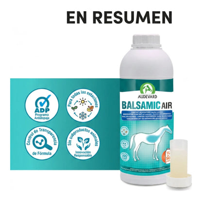 Resumen visual de Balsamic Air Audevard para caballos con sellos de calidad ADP junto al bote