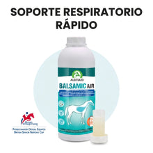 Bote de Balsamic Air Audevard para caballos sobre fondo verde con el titular de soporte respiratorio rápido