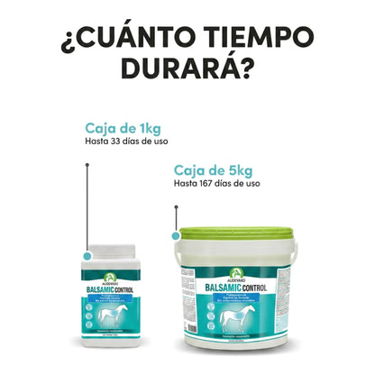 Cajas de 1 kg y 5 kg de Balsamic Control Audevard para caballos con su duración de uso