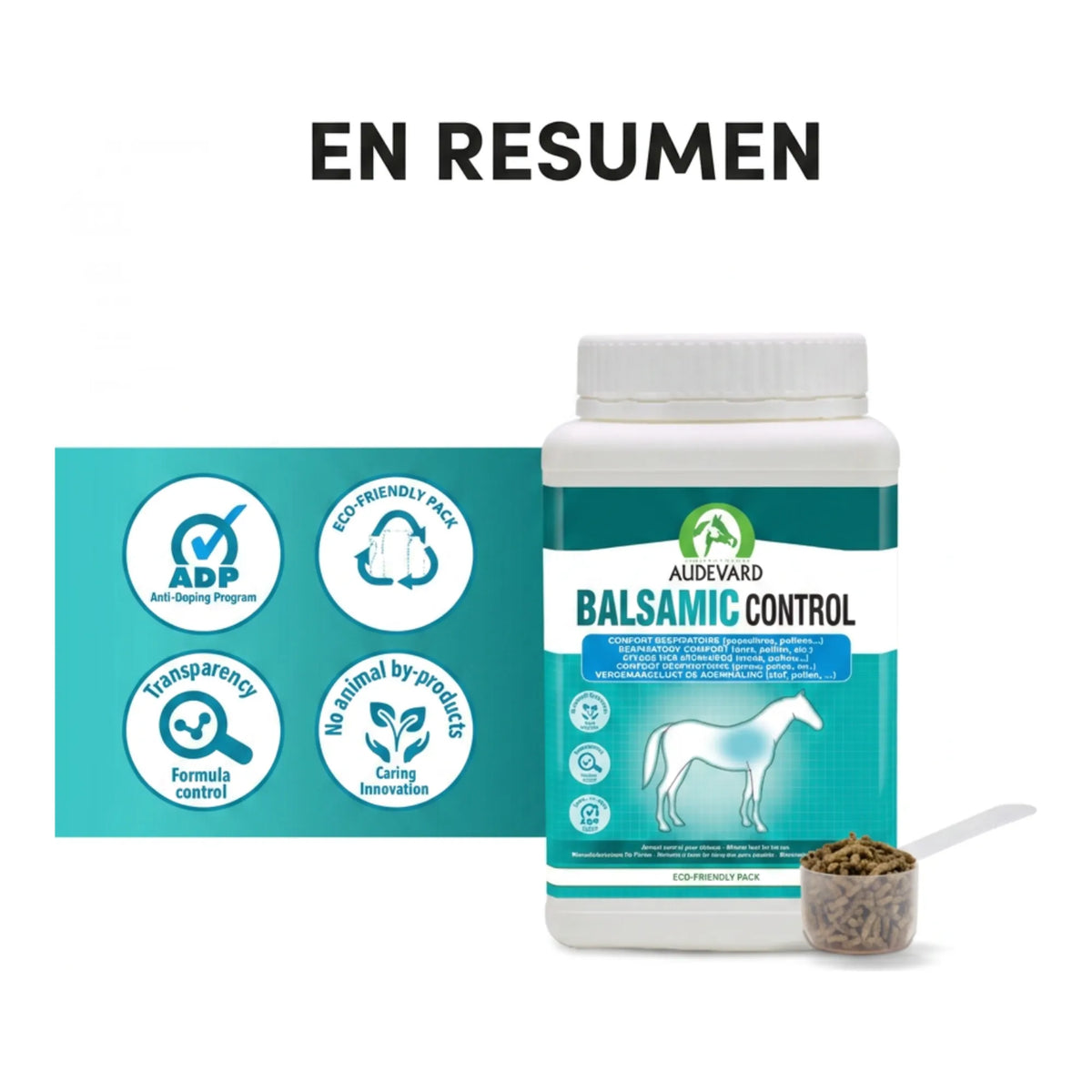 Resumen visual de Balsamic Control Audevard para caballos con cacito y sellos de calidad