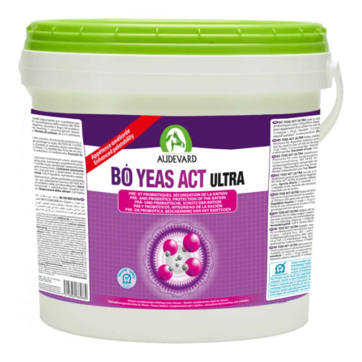 Bo Yeas Act Ultra para caballos, cubo blanco grande con etiqueta morada