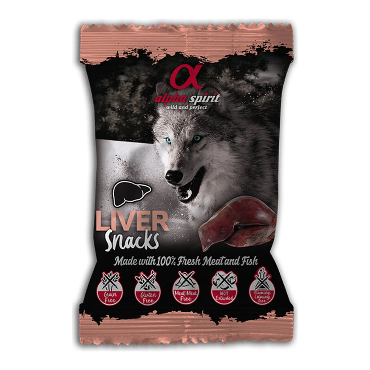 Snack Alpha Spirit de hígado en bolsa de 50 g para perros, EAN 28436586310039
