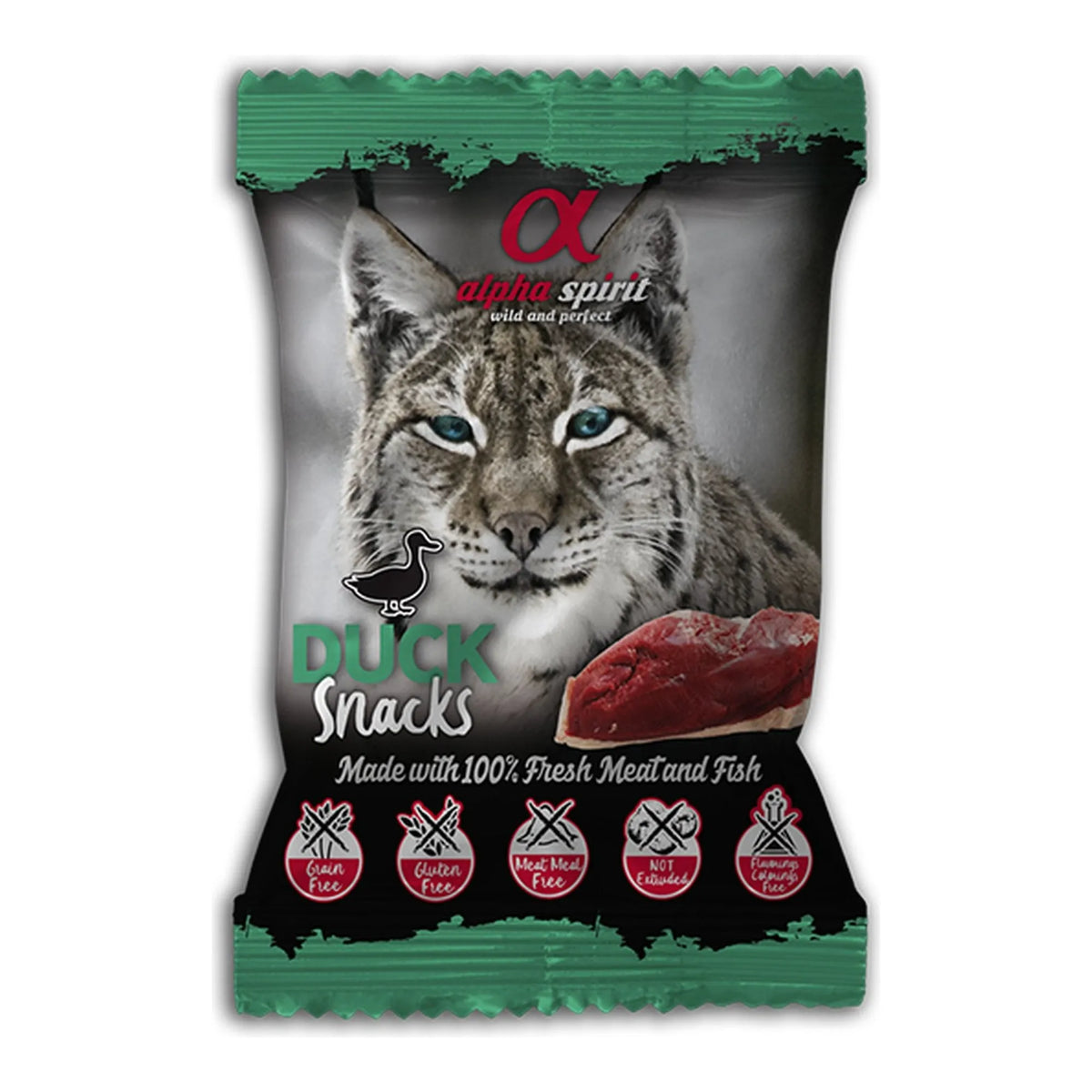 Snack Alpha Spirit de pato en bolsa de 50 g para gatos, EAN 28436586310091