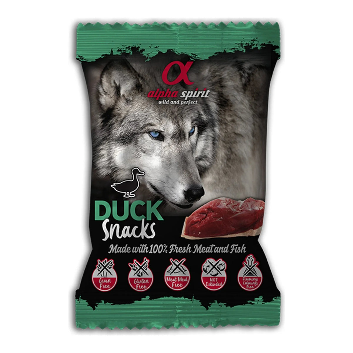 Snack Alpha Spirit de pato en bolsa de 50 g para perros, EAN 28436586310053