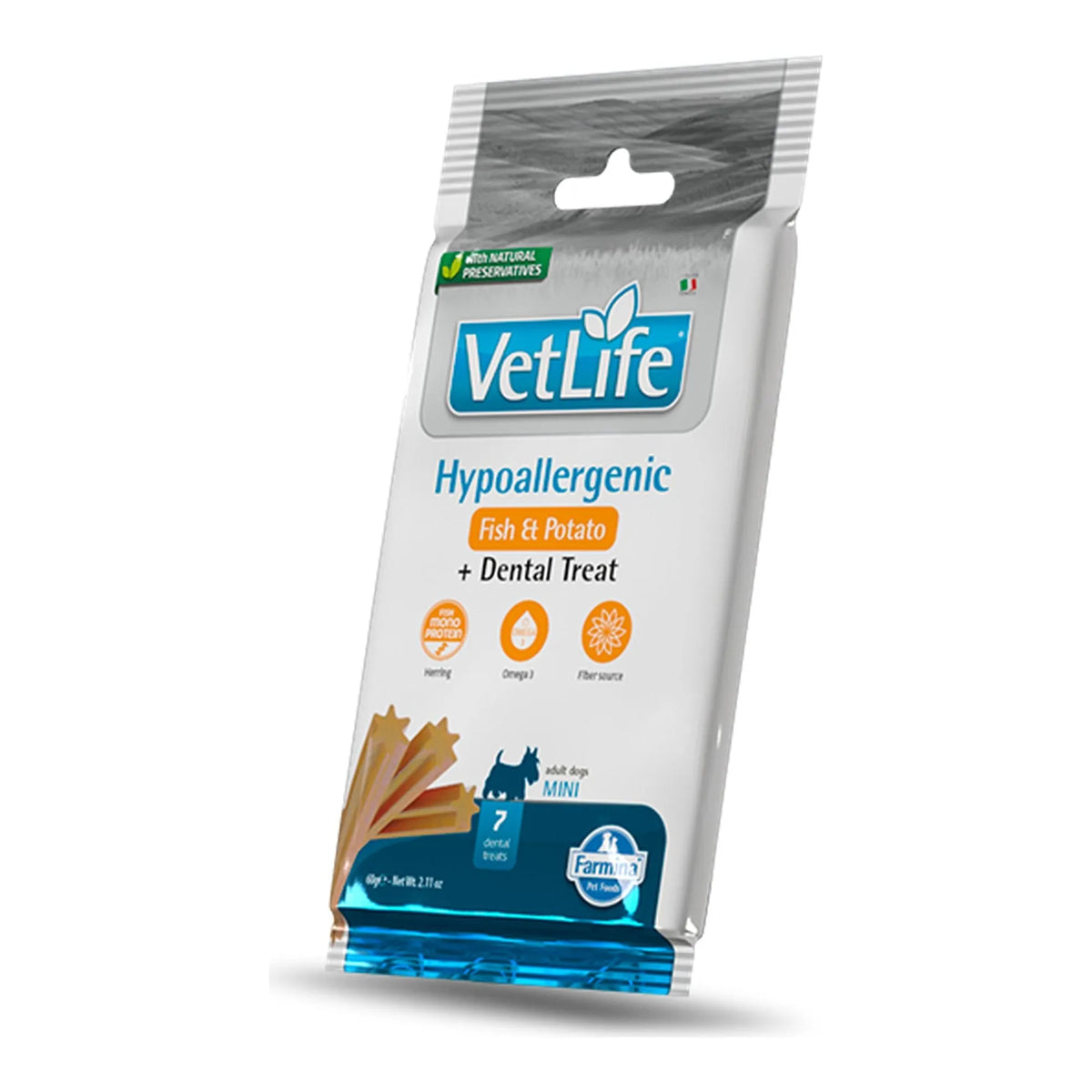 Snack dental Farmina Vet Life Hypoallergenic Pescado y Patata Mini para perros pequeños, caja de 15 bolsas de 60 g (Mini), EAN 8010276043597