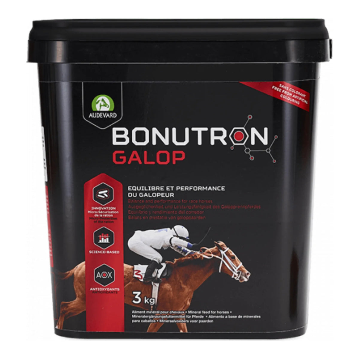 Bonutron Galop Audevard para caballos, cubo negro con jinete de carreras en la etiqueta
