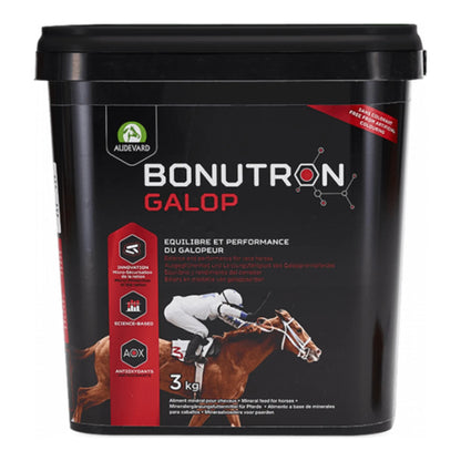 Bonutron Galop Audevard para caballos, cubo negro con jinete de carreras en la etiqueta
