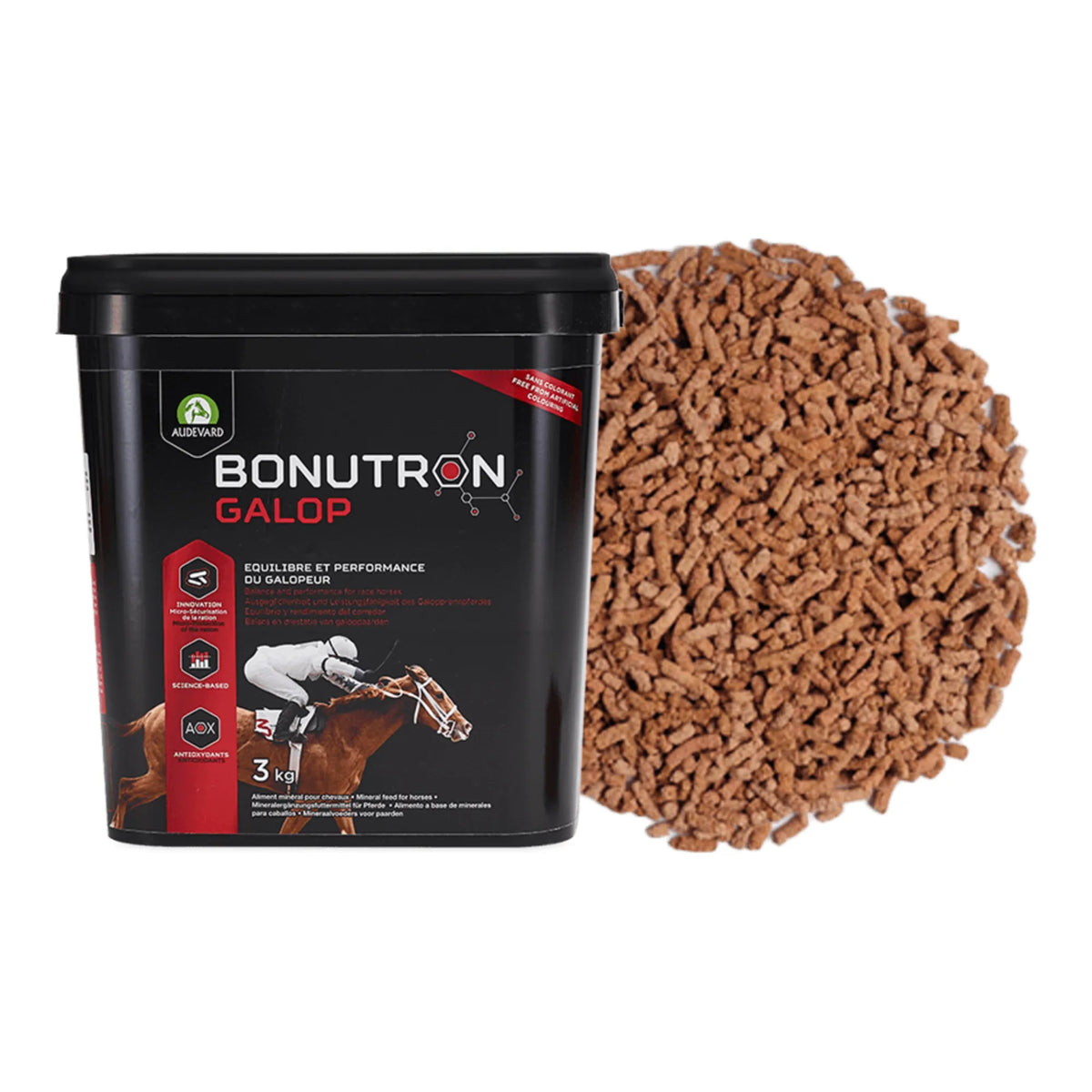 Bonutron Galop Audevard para caballos, cubo negro con etiqueta roja y granulado