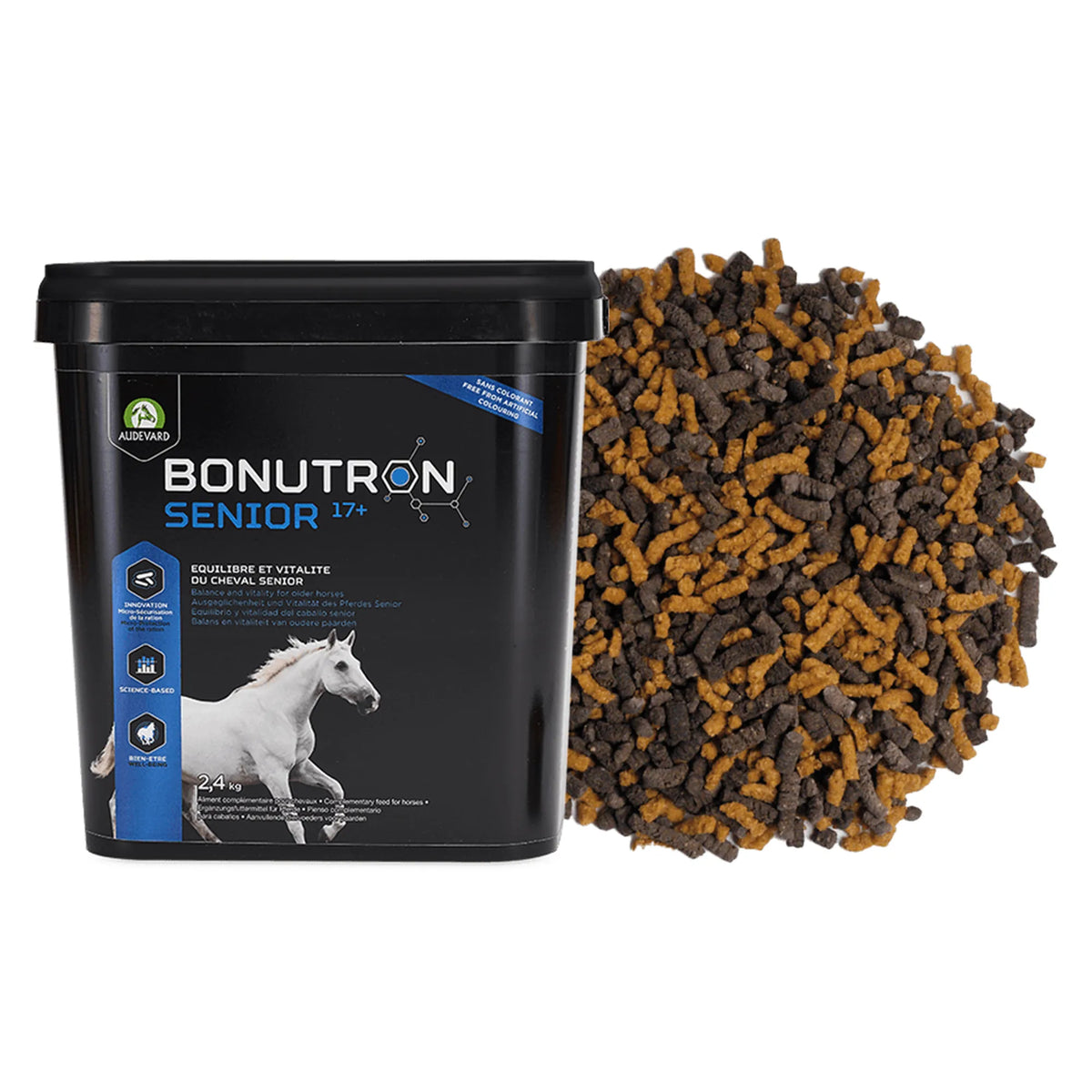 Bonutron Senior Audevard para caballos, cubo negro con granulado marrón y negro