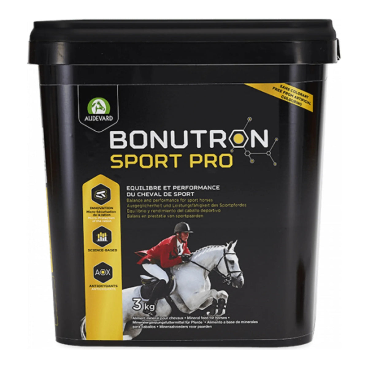 Bonutron Sport Pro para caballos, cubo negro con jinete y caballo blanco en la etiqueta