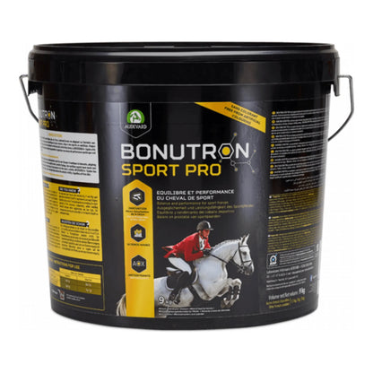 Cubo negro con asa de Bonutron Sport Pro, etiqueta amarilla y jinete