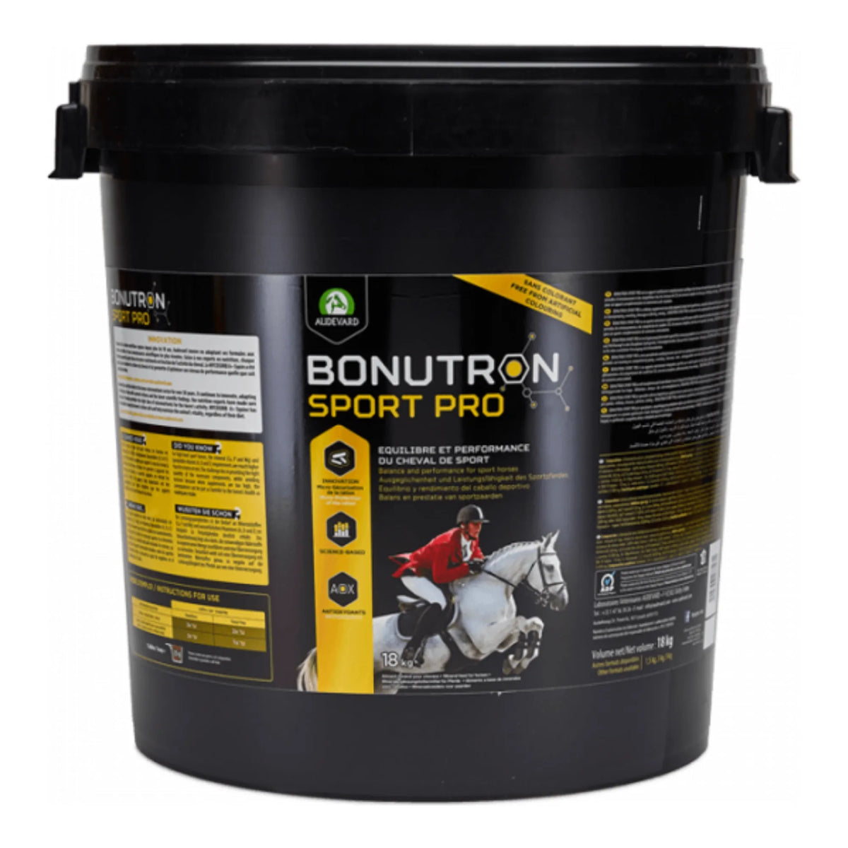 Bonutron Sport Pro para caballos, cubo negro grande con etiqueta amarilla