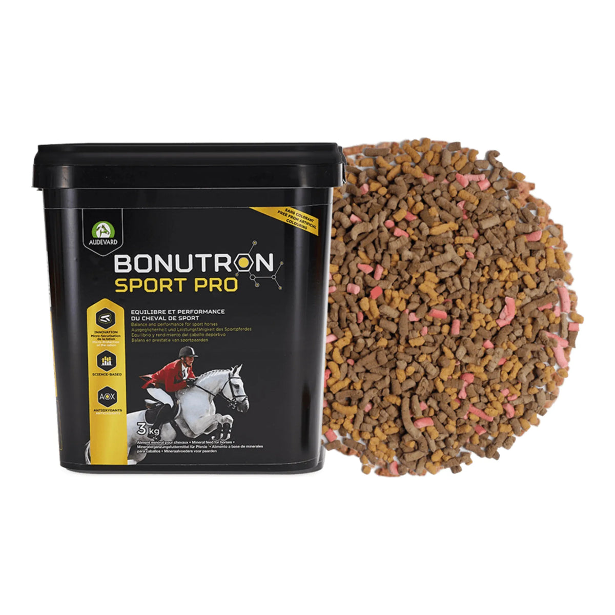 Bonutron Sport Pro para caballos, cubo negro con etiqueta amarilla y granulado
