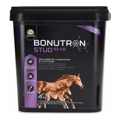 Bonutron Stud Audevard para yeguas, cubo negro con una yegua y su potro en la etiqueta