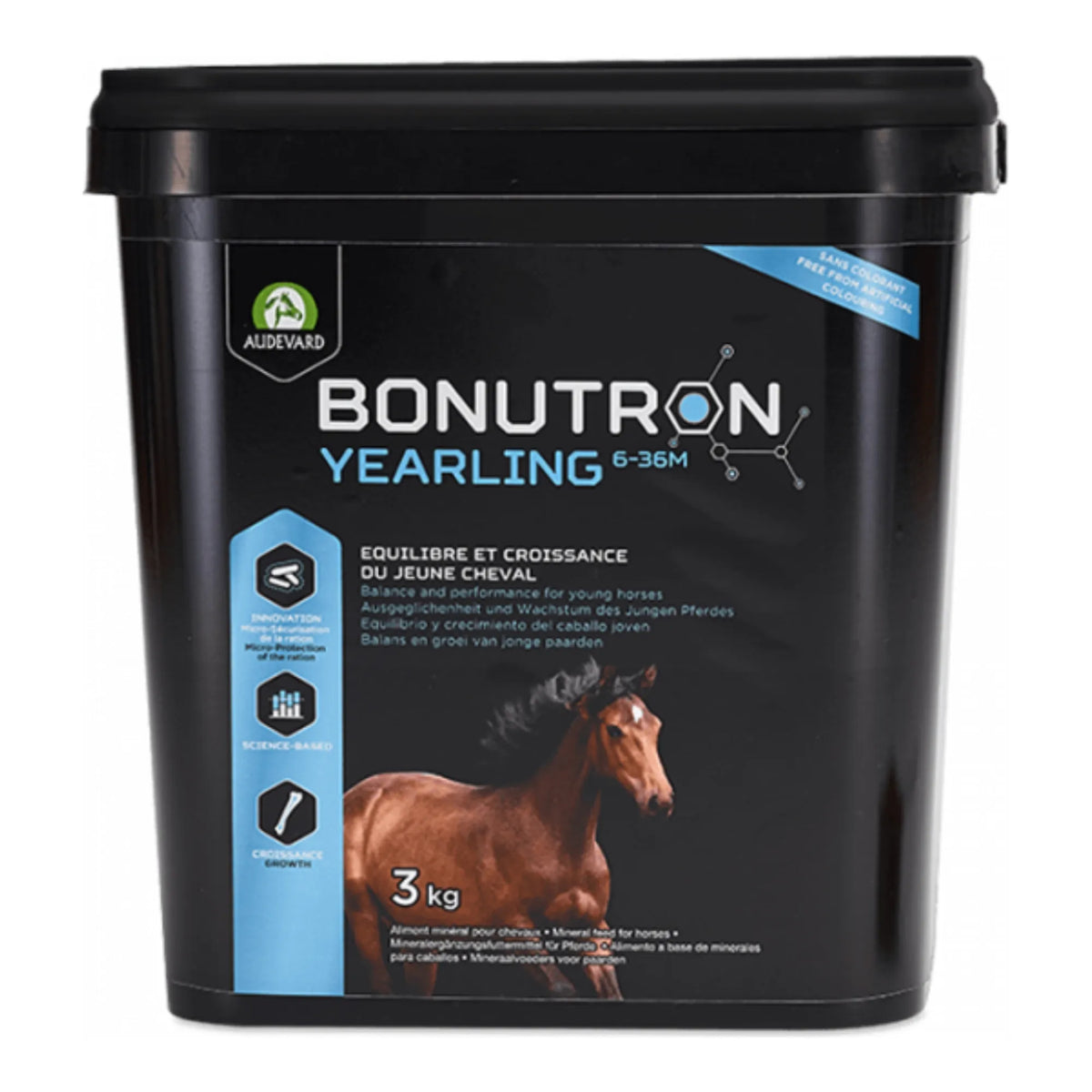 Bonutron Yearling Audevard para potros, cubo negro con potro castaño en la etiqueta