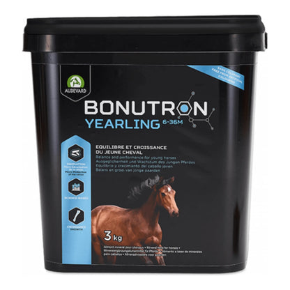 Bonutron Yearling Audevard para potros, cubo negro con potro castaño en la etiqueta