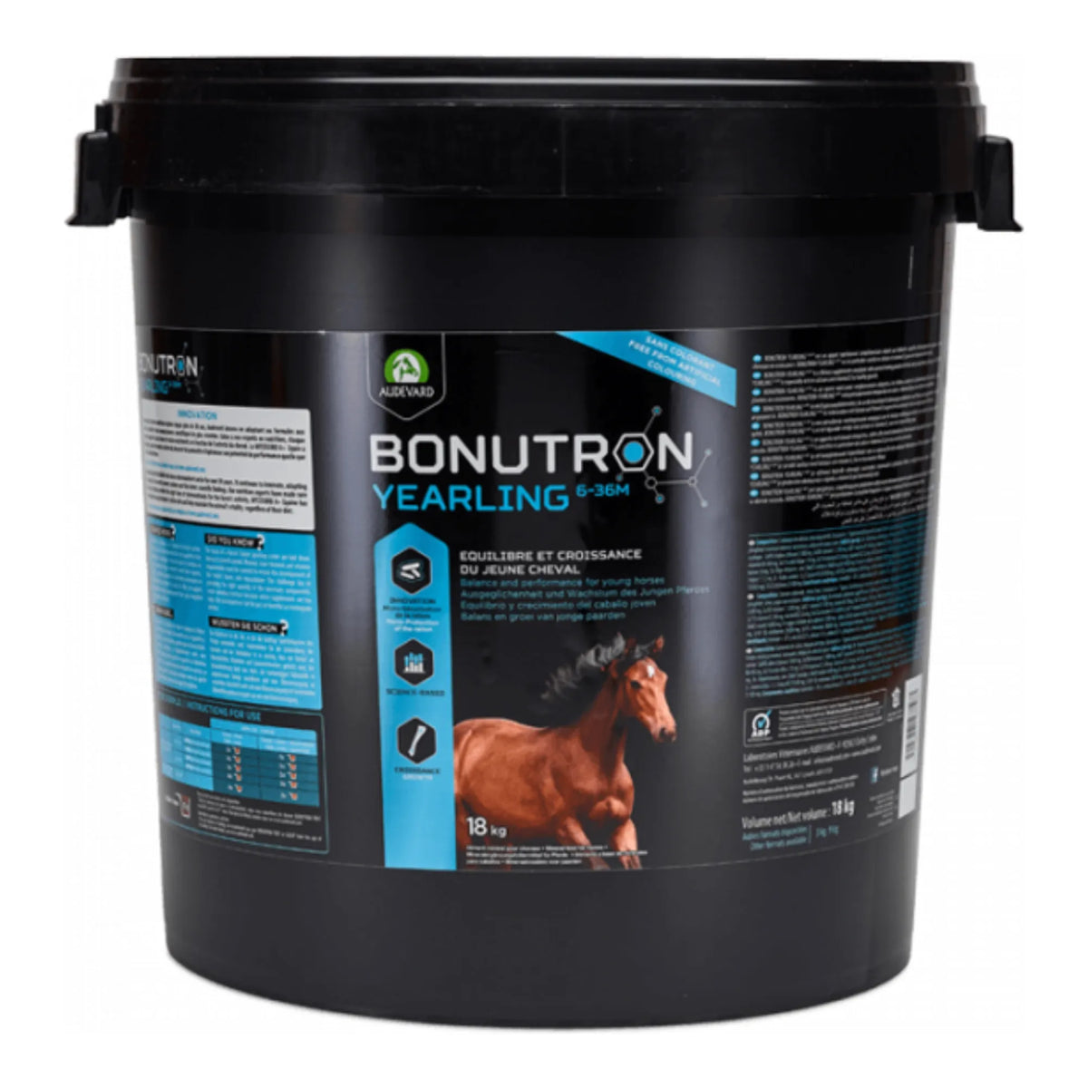 Bonutron Yearling Audevard para potros, cubo negro grande con etiqueta azul