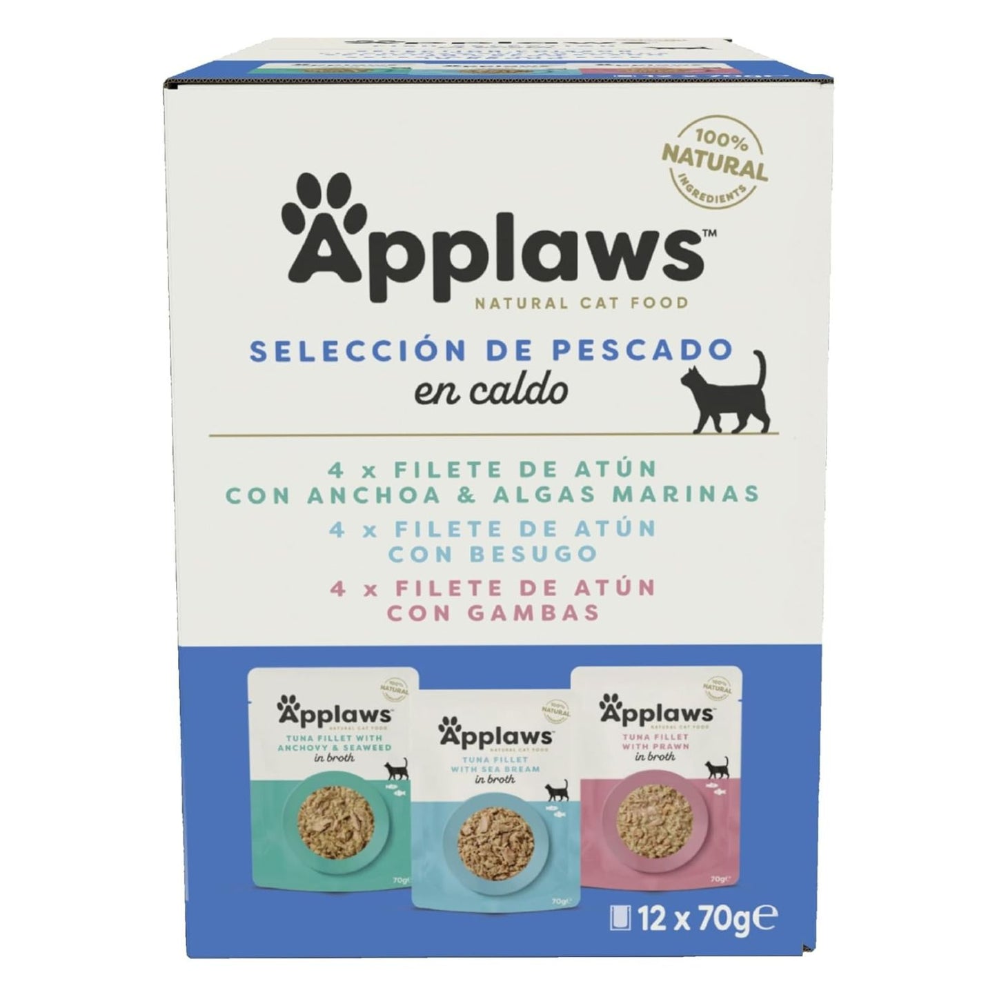 Caja de Applaws Selección de pescado en caldo para gatos con descripción de 12 sobres de filete de atún con anchoa y algas marinas, besugo y gambas.
